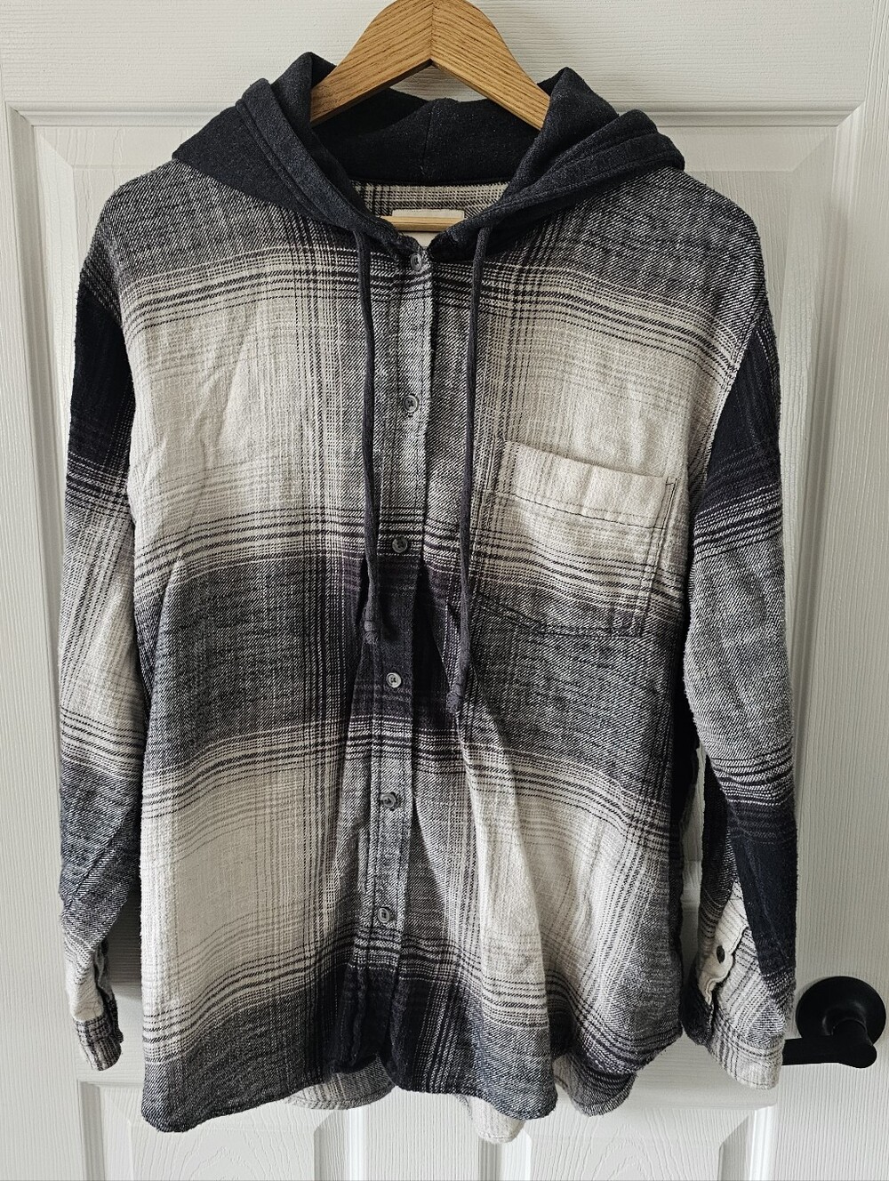 Men's American Eagle AE Oversized Relaxed Fit Hooded Plaid Flannel Shirt Euc L